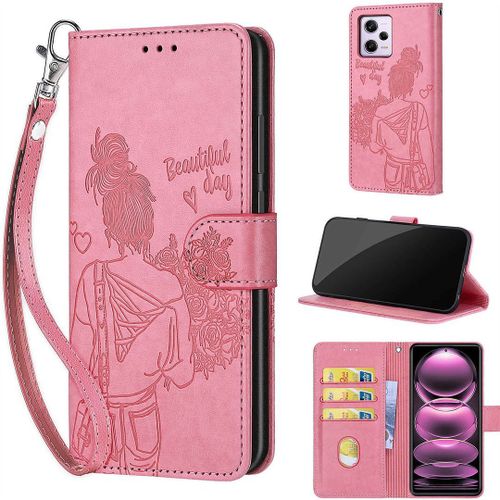 Saturcase Coque Pour Xiaomi Redmi Note 12 Pro 5g, Fille Pu Cuir Magnétique Flip Portefeuille Support Porte-Carte Dragonne Protecteur Housse Étui Pour Xiaomi Redmi Note 12 Pro 5g (Nh-Rose)