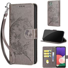 Saturcase Coque Pour Samsung Galaxy A22 5g, Fleurs Pu Cuir Magnétique Flip Portefeuille Support Porte-Carte Dragonne Protecteur Housse Étui Pour Samsung Galaxy A22 5g (Fb-Gris)