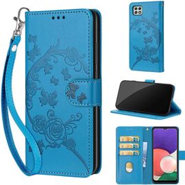 Saturcase Coque Pour Samsung Galaxy A22 5g, Fleurs Pu Cuir Magnétique Flip Portefeuille Support Porte-Carte Dragonne Protecteur Housse Étui Pour Samsung Galaxy A22 5g (Fb-Bleu)