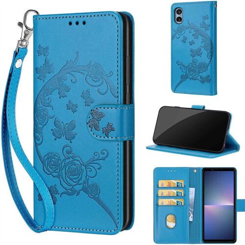 Saturcase Coque Pour Sony Xperia 5 V 2023, Fleurs Pu Cuir Magnétique Flip Portefeuille Support Porte-Carte Dragonne Protecteur Housse Étui Pour Sony Xperia 5 V 2023 (Fb-Bleu)