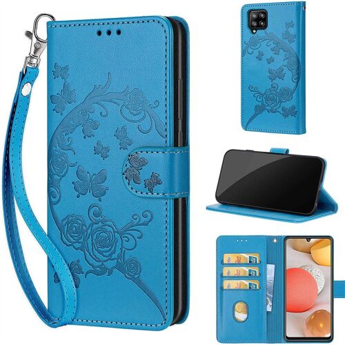 Saturcase Coque Pour Samsung Galaxy A42 5g, Fleurs Pu Cuir Magnétique Flip Portefeuille Support Porte-Carte Dragonne Protecteur Housse Étui Pour Samsung Galaxy A42 5g (Fb-Bleu)