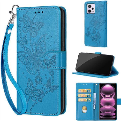 Saturcase Coque Pour Xiaomi Redmi Note 12 Pro 5g, Papillons Pu Cuir Magnétique Flip Portefeuille Support Porte-Carte Dragonne Protecteur Housse Étui Pour Xiaomi Redmi Note 12 Pro 5g (Lb-Bleu)