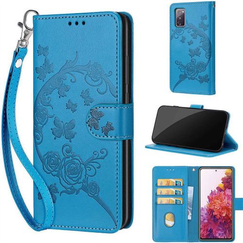 Saturcase Coque Pour Samsung Galaxy S20 Fe 5g, Fleurs Pu Cuir Magnétique Flip Portefeuille Support Porte-Carte Dragonne Protecteur Housse Étui Pour Samsung Galaxy S20 Fe 5g (Fb-Bleu)