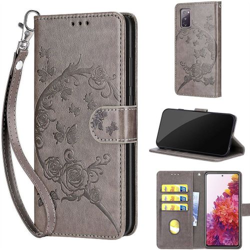 Saturcase Coque Pour Samsung Galaxy S20 Fe 5g, Fleurs Pu Cuir Magnétique Flip Portefeuille Support Porte-Carte Dragonne Protecteur Housse Étui Pour Samsung Galaxy S20 Fe 5g (Fb-Gris)