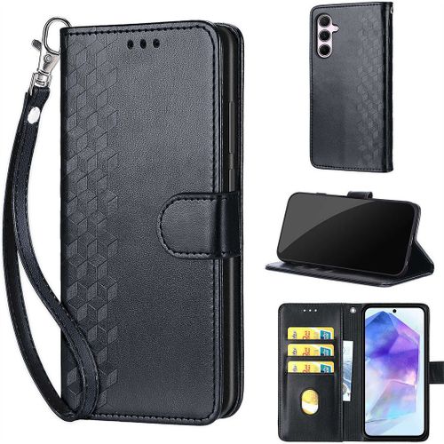 Saturcase Coque Pour Samsung Galaxy A55 5g, Z-Cube Pu Cuir Magnétique Flip Portefeuille Support Porte-Carte Dragonne Protecteur Housse Étui Pour Samsung Galaxy A55 5g (Zl-Noir)