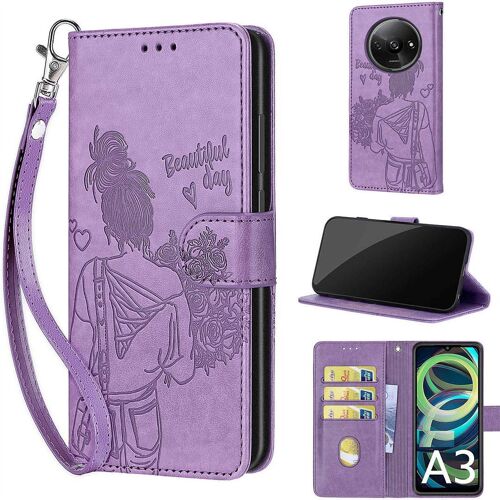 Saturcase Coque Pour Xiaomi Redmi A3, Fille Pu Cuir Magnétique Flip Portefeuille Support Porte-Carte Dragonne Protecteur Housse Étui Pour Xiaomi Redmi A3 (Nh-Violet)