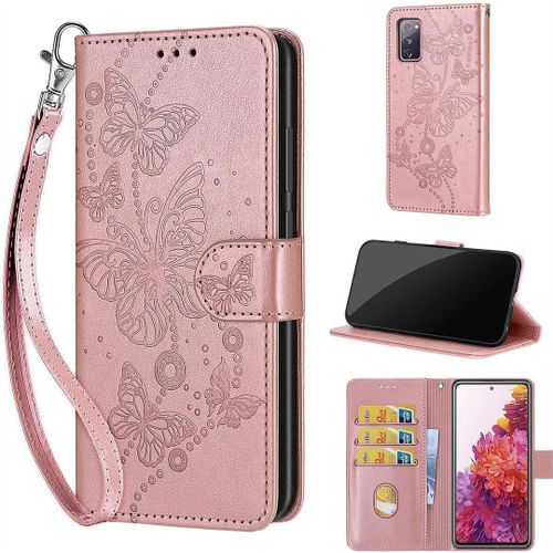 Saturcase Coque Pour Samsung Galaxy S20 Fe 5g, Papillons Pu Cuir Magnétique Flip Portefeuille Support Porte-Carte Dragonne Protecteur Housse Étui Pour Samsung Galaxy S20 Fe 5g (Lb-Or Rose)