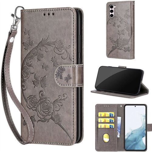 Saturcase Coque Pour Samsung Galaxy S23, Fleurs Pu Cuir Magnétique Flip Portefeuille Support Porte-Carte Dragonne Protecteur Housse Étui Pour Samsung Galaxy S23 (Fb-Gris)