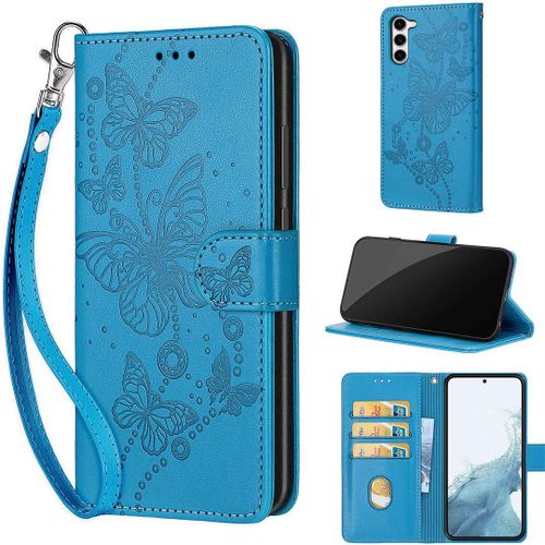 Saturcase Coque Pour Samsung Galaxy S23, Papillons Pu Cuir Magnétique Flip Portefeuille Support Porte-Carte Dragonne Protecteur Housse Étui Pour Samsung Galaxy S23 (Lb-Bleu)
