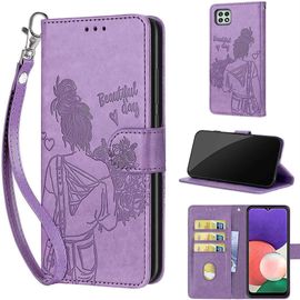 Saturcase Coque Pour Samsung Galaxy A22 5g, Fille Pu Cuir Magnétique Flip Portefeuille Support Porte-Carte Dragonne Protecteur Housse Étui Pour Samsung Galaxy A22 5g (Nh-Violet)