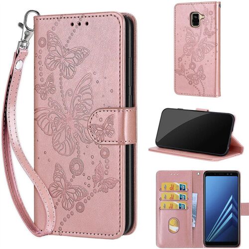 Saturcase Coque Pour Samsung Galaxy A8 2018, Papillons Pu Cuir Magnétique Flip Portefeuille Support Porte-Carte Dragonne Protecteur Housse Étui Pour Samsung Galaxy A8 2018 (Lb-Or Rose)