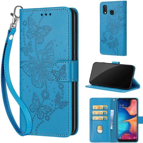 Saturcase Coque Pour Samsung Galaxy A20e / A10e, Papillons Pu Cuir Magnétique Flip Portefeuille Support Porte-Carte Dragonne Protecteur Housse Étui Pour Samsung Galaxy A20e / A10e (Lb-Bleu)