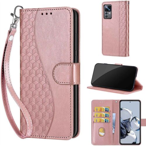 Saturcase Coque Pour Xiaomi 12t / 12t Pro, S-Cube Pu Cuir Magnétique Flip Portefeuille Support Porte-Carte Dragonne Protecteur Housse Étui Pour Xiaomi 12t / 12t Pro (Bl-Or Rose)