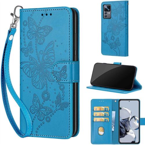 Saturcase Coque Pour Xiaomi 12t / 12t Pro, Papillons Pu Cuir Magnétique Flip Portefeuille Support Porte-Carte Dragonne Protecteur Housse Étui Pour Xiaomi 12t / 12t Pro (Lb-Bleu)