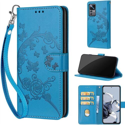 Saturcase Coque Pour Xiaomi 12t / 12t Pro, Fleurs Pu Cuir Magnétique Flip Portefeuille Support Porte-Carte Dragonne Protecteur Housse Étui Pour Xiaomi 12t / 12t Pro (Fb-Bleu)
