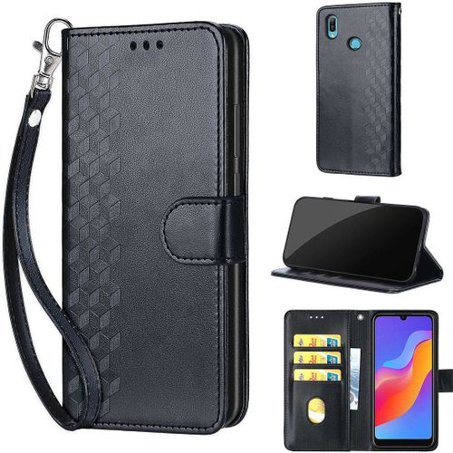 Saturcase Coque Pour Huawei Y6 2019 / Honor 8a, Z-Cube Pu Cuir Magnétique Flip Portefeuille Support Porte-Carte Dragonne Protecteur Housse Étui Pour Huawei Y6 2019 / Honor 8a (Zl-Noir)