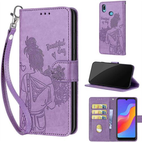 Saturcase Coque Pour Huawei Y6 2019 / Honor 8a, Fille Pu Cuir Magnétique Flip Portefeuille Support Porte-Carte Dragonne Protecteur Housse Étui Pour Huawei Y6 2019 / Honor 8a (Nh-Violet)