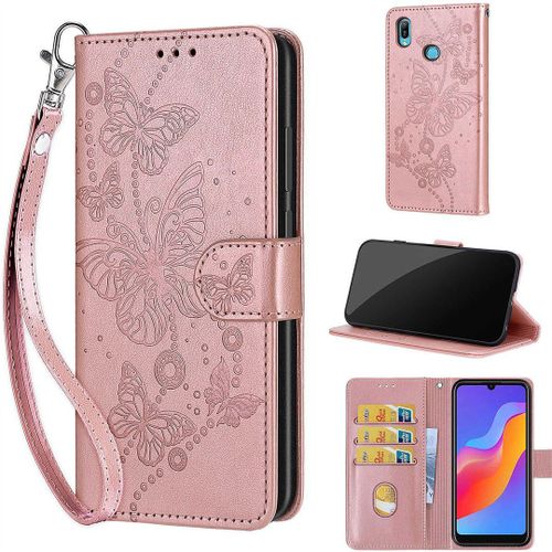Saturcase Coque Pour Huawei Y6 2019 / Honor 8a, Papillons Pu Cuir Magnétique Flip Portefeuille Support Porte-Carte Dragonne Protecteur Housse Étui Pour Huawei Y6 2019 / Honor 8a (Lb-Or Rose)