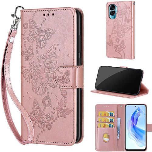 Saturcase Coque Pour Honor 90 Lite, Papillons Pu Cuir Magnétique Flip Portefeuille Support Porte-Carte Dragonne Protecteur Housse Étui Pour Honor 90 Lite (Lb-Or Rose)