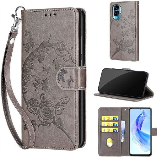 Saturcase Coque Pour Honor 90 Lite, Fleurs Pu Cuir Magnétique Flip Portefeuille Support Porte-Carte Dragonne Protecteur Housse Étui Pour Honor 90 Lite (Fb-Gris)