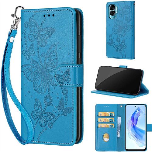 Saturcase Coque Pour Honor 90 Lite, Papillons Pu Cuir Magnétique Flip Portefeuille Support Porte-Carte Dragonne Protecteur Housse Étui Pour Honor 90 Lite (Lb-Bleu)
