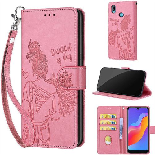Saturcase Coque Pour Huawei Y6 2019 / Honor 8a, Fille Pu Cuir Magnétique Flip Portefeuille Support Porte-Carte Dragonne Protecteur Housse Étui Pour Huawei Y6 2019 / Honor 8a (Nh-Rose)
