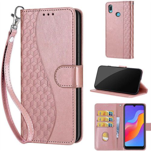 Saturcase Coque Pour Huawei Y6 2019 / Honor 8a, S-Cube Pu Cuir Magnétique Flip Portefeuille Support Porte-Carte Dragonne Protecteur Housse Étui Pour Huawei Y6 2019 / Honor 8a (Bl-Or Rose)