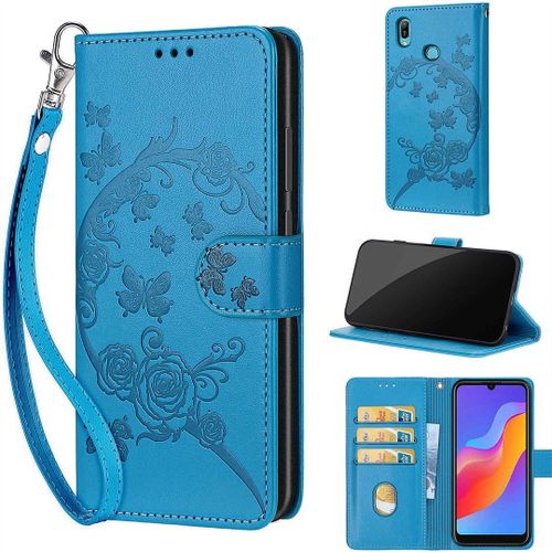 Saturcase Coque Pour Huawei Y6 2019 / Honor 8a, Fleurs Pu Cuir Magnétique Flip Portefeuille Support Porte-Carte Dragonne Protecteur Housse Étui Pour Huawei Y6 2019 / Honor 8a (Fb-Bleu)