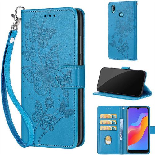 Saturcase Coque Pour Huawei Y6 2019 / Honor 8a, Papillons Pu Cuir Magnétique Flip Portefeuille Support Porte-Carte Dragonne Protecteur Housse Étui Pour Huawei Y6 2019 / Honor 8a (Lb-Bleu)
