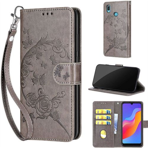 Saturcase Coque Pour Huawei Y6 2019 / Honor 8a, Fleurs Pu Cuir Magnétique Flip Portefeuille Support Porte-Carte Dragonne Protecteur Housse Étui Pour Huawei Y6 2019 / Honor 8a (Fb-Gris)