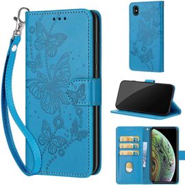 Saturcase Coque Pour Apple Iphone X Xs, Papillons Pu Cuir Magnétique Flip Portefeuille Support Porte-Carte Dragonne Protecteur Housse Étui Pour Apple Iphone X Xs (Lb-Bleu)