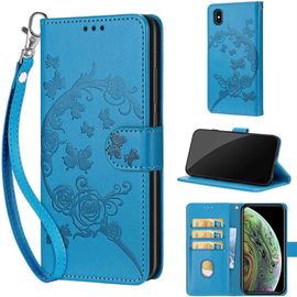Saturcase Coque Pour Apple Iphone X Xs, Fleurs Pu Cuir Magnétique Flip Portefeuille Support Porte-Carte Dragonne Protecteur Housse Étui Pour Apple Iphone X Xs (Fb-Bleu)