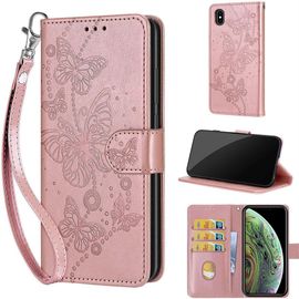 Saturcase Coque Pour Apple Iphone X Xs, Papillons Pu Cuir Magnétique Flip Portefeuille Support Porte-Carte Dragonne Protecteur Housse Étui Pour Apple Iphone X Xs (Lb-Or Rose)