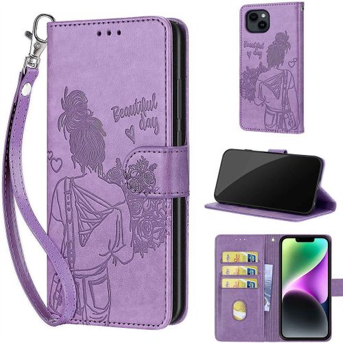 Saturcase Coque Pour Apple Iphone 15, Fille Pu Cuir Magnétique Flip Portefeuille Support Porte-Carte Dragonne Protecteur Housse Étui Pour Apple Iphone 15 (Nh-Violet)