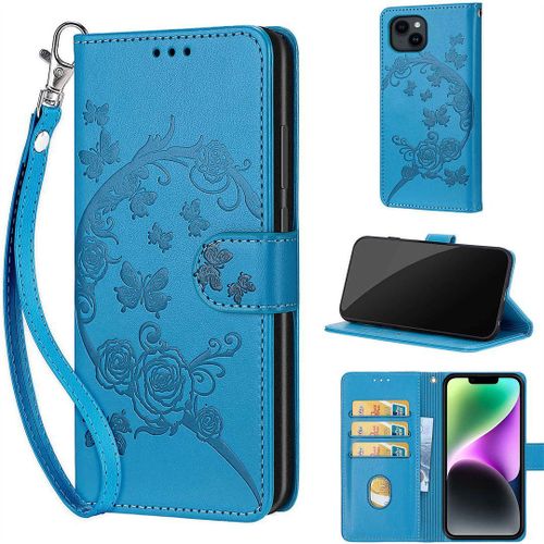 Saturcase Coque Pour Apple Iphone 15, Fleurs Pu Cuir Magnétique Flip Portefeuille Support Porte-Carte Dragonne Protecteur Housse Étui Pour Apple Iphone 15 (Fb-Bleu)