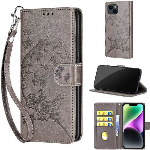 Saturcase Coque Pour Apple Iphone 15, Fleurs Pu Cuir Magnétique Flip Portefeuille Support Porte-Carte Dragonne Protecteur Housse Étui Pour Apple Iphone 15 (Fb-Gris)