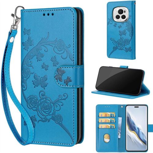 Saturcase Coque Pour Honor Magic 6 Pro, Fleurs Pu Cuir Magnétique Flip Portefeuille Support Porte-Carte Dragonne Protecteur Housse Étui Pour Honor Magic 6 Pro (Fb-Bleu)