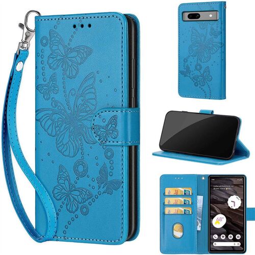 Saturcase Coque Pour Google Pixel 7a, Papillons Pu Cuir Magnétique Flip Portefeuille Support Porte-Carte Dragonne Protecteur Housse Étui Pour Google Pixel 7a (Lb-Bleu)