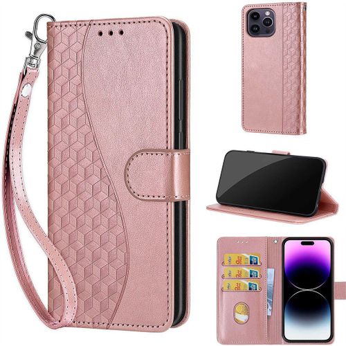 Saturcase Coque Pour Apple Iphone 14 Pro Max, S-Cube Pu Cuir Magnétique Flip Portefeuille Support Porte-Carte Dragonne Protecteur Housse Étui Pour Apple Iphone 14 Pro Max (Bl-Or Rose)
