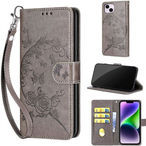 SATURCASE Coque pour Apple iPhone 14 Plus, Fleurs PU Cuir Magnétique Flip Portefeuille Support Porte-carte Dragonne Protecteur Housse Étui pour Apple iPhone 14 Plus (FB-Gris)