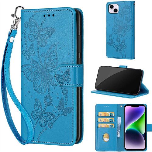 SATURCASE Coque pour Apple iPhone 14 Plus, Papillons PU Cuir Magnétique Flip Portefeuille Support Porte-carte Dragonne Protecteur Housse Étui pour Apple iPhone 14 Plus (LB-Bleu)