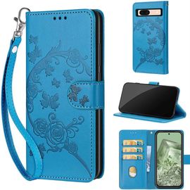 Saturcase Coque Pour Google Pixel 8a, Fleurs Pu Cuir Magnétique Flip Portefeuille Support Porte-Carte Dragonne Protecteur Housse Étui Pour Google Pixel 8a (Fb-Bleu)