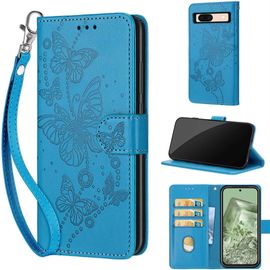Saturcase Coque Pour Google Pixel 8a, Papillons Pu Cuir Magnétique Flip Portefeuille Support Porte-Carte Dragonne Protecteur Housse Étui Pour Google Pixel 8a (Lb-Bleu)