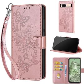Saturcase Coque Pour Google Pixel 8a, Papillons Pu Cuir Magnétique Flip Portefeuille Support Porte-Carte Dragonne Protecteur Housse Étui Pour Google Pixel 8a (Lb-Or Rose)