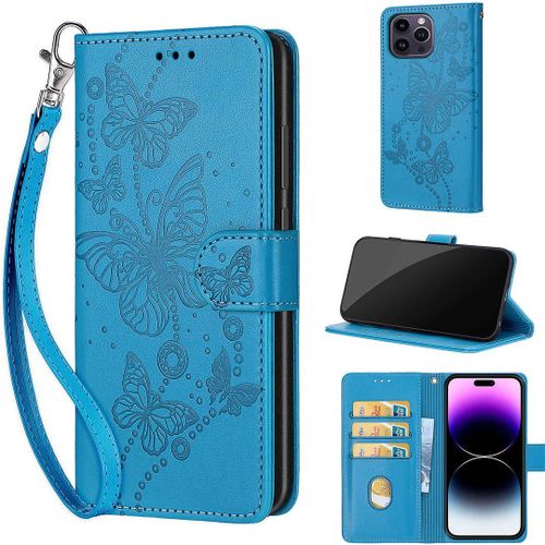 Saturcase Coque Pour Apple Iphone 14 Pro Max, Papillons Pu Cuir Magnétique Flip Portefeuille Support Porte-Carte Dragonne Protecteur Housse Étui Pour Apple Iphone 14 Pro Max (Lb-Bleu)