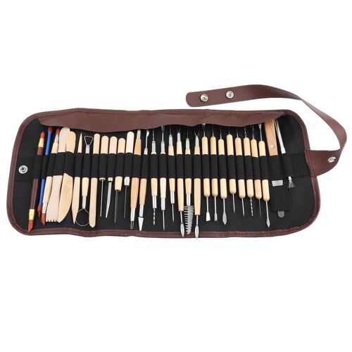 30pcs En Bois Cire Argile Poterie Sculpture Modélisation Sculpture Bricolage Outil D'artisanat Avec Sac En Tissu Roulant