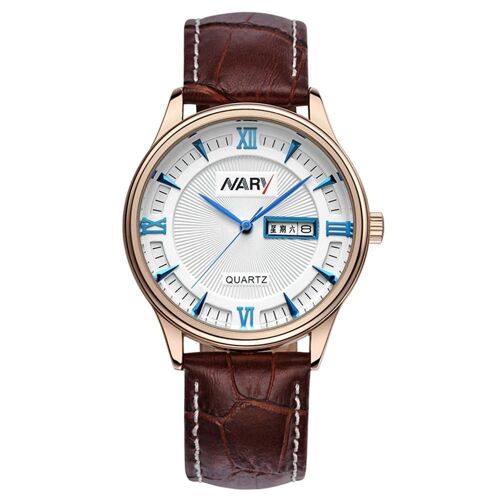Hommes Montre-Bracelet Calendrier À La Mode Cadran Ceinture Marron Bracelet En Cuir Montre Cadran Rond