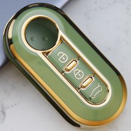 Étui À Clé Vert - Étui À Rabat Pour Clé De Voiture, 3 Boutons, Pliable, En Tpu, Bord Doré, Pour Fiat 500, Coque De Protection Pour Clé Télécommande, Accessoires