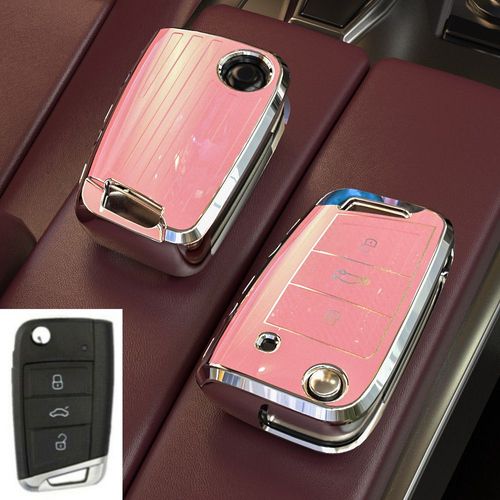 Rose - Utilisation De La Clé De Voiture Pliable - Coque De Protection De Clé Télécommande En Tpu, Etui Compatible Avec Vw Volkswagen Golf 7 Mk7 Tiguan Mk2 Pour Seat Ateca Leon Fr 2 Ibiza Pour Skoda Octavia A7