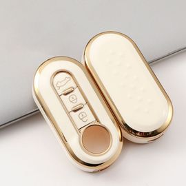 Étui À Clés Blanc - Étui À Rabat Pour Clé De Voiture, 3 Boutons, Pliable, En Tpu, Bord Doré, Pour Fiat 500, Coque De Protection Pour Clé Télécommande, Accessoires